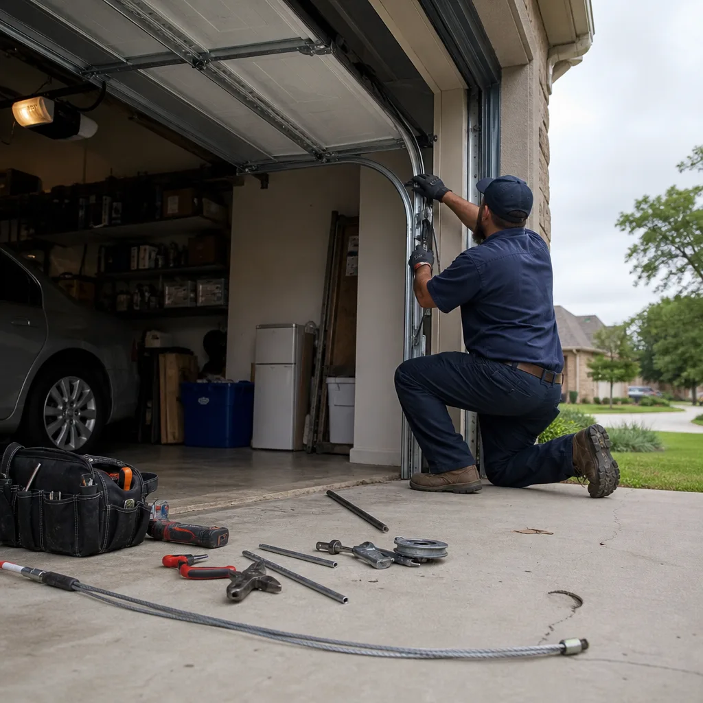 Technician performing professional garage door cable repair with tools.