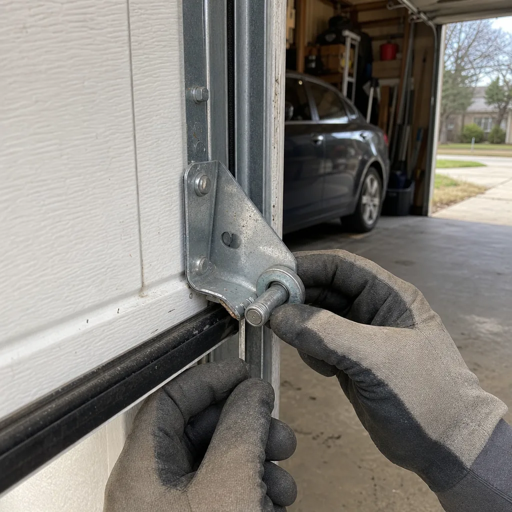 Technician performing professional garage door cable and roller repair