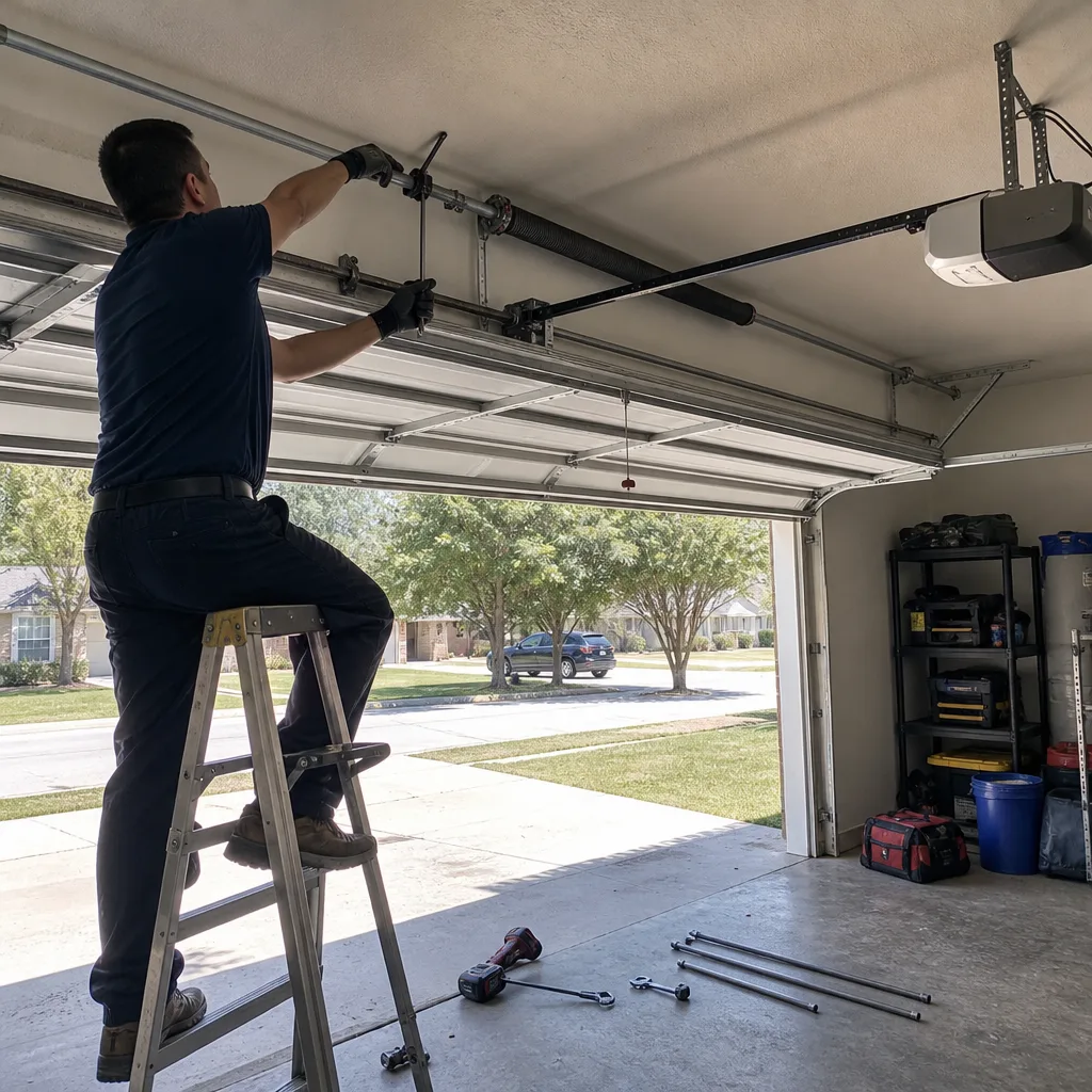 Technician performing professional garage door spring repair and maintenance