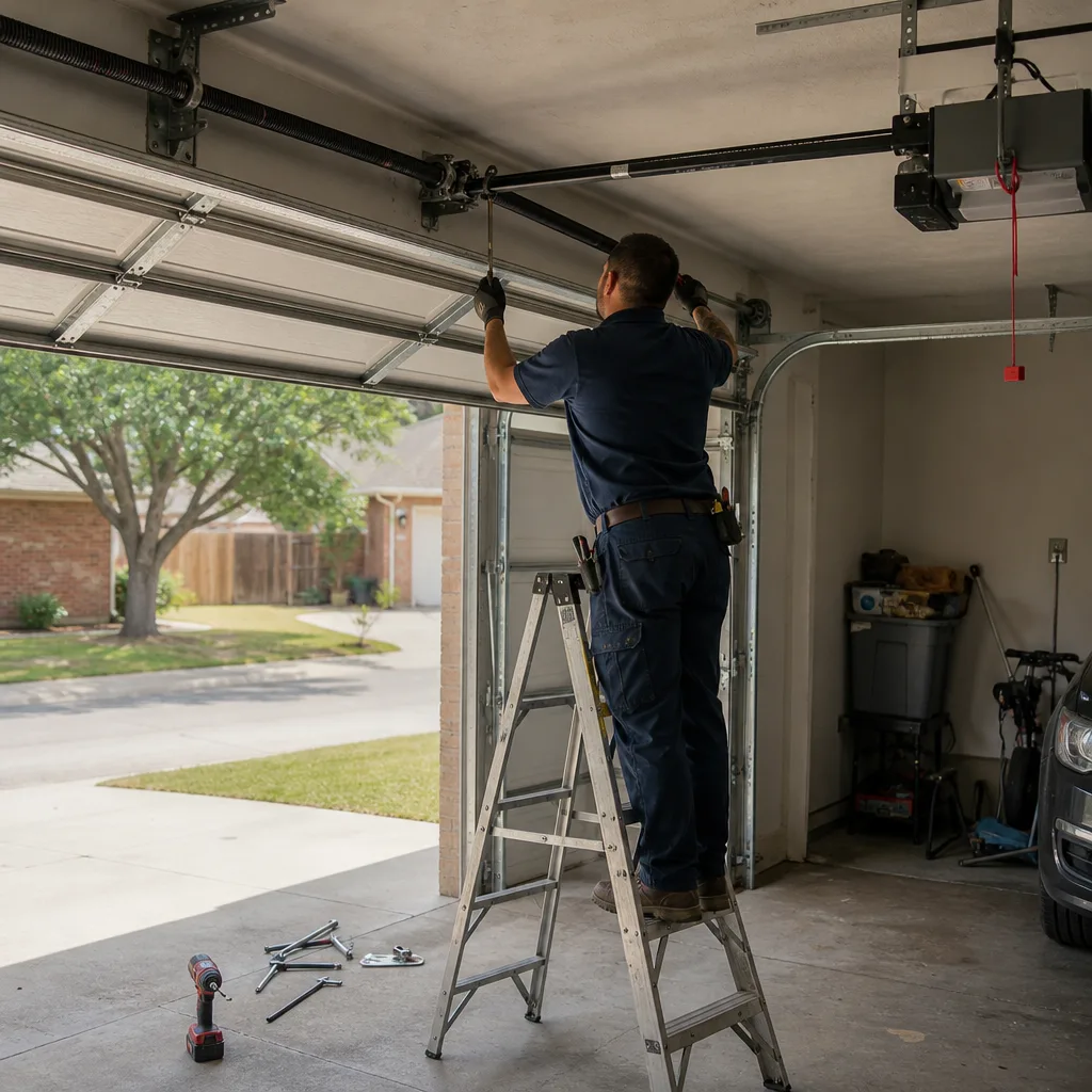 Professional technician repairing a garage door torsion spring system on a ladder.