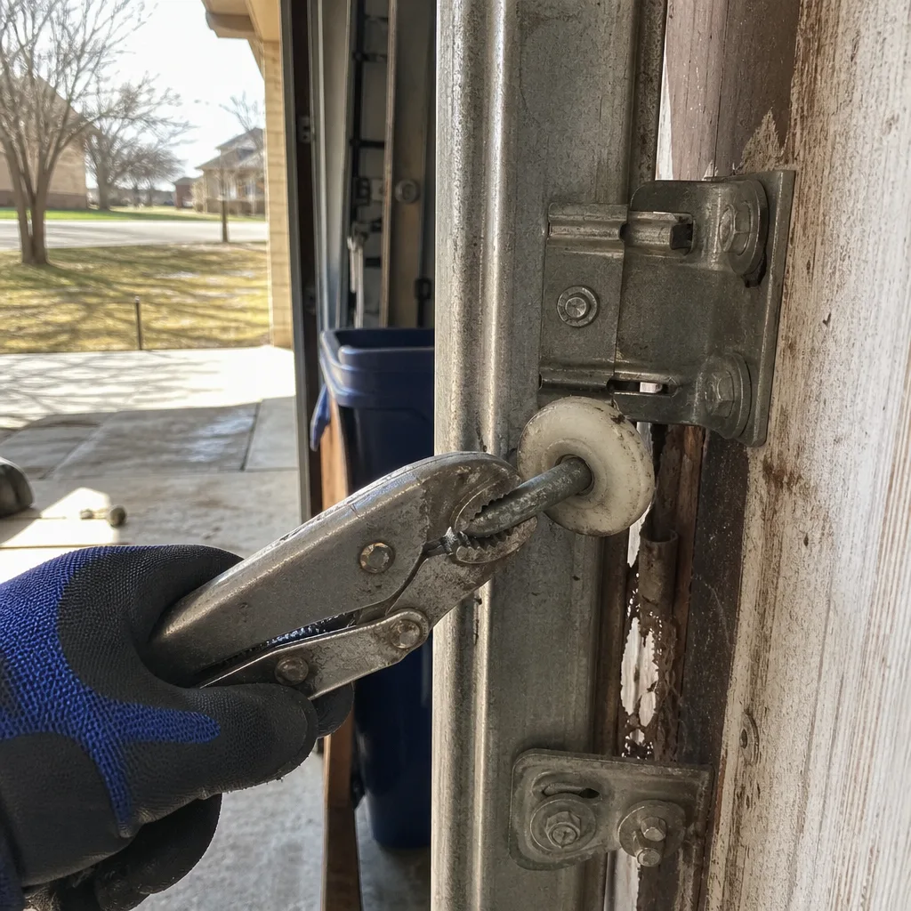 technician using pliers to perform garage door roller repair